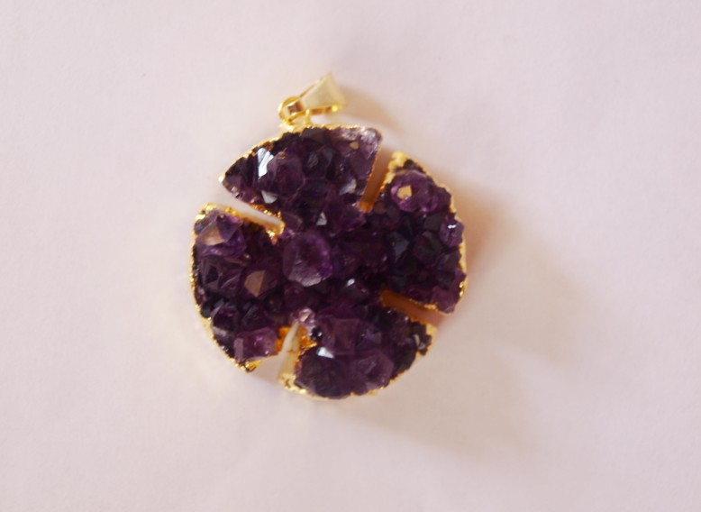 Stones from Uruguay - Amethyst Druzy Cross Pendant with Gold Plating (30mm)