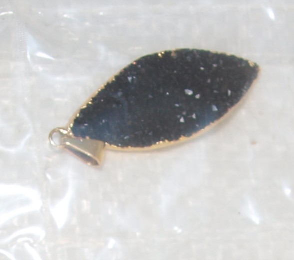 Stones from Uruguay - Natural  Black Druzy Leaf Pendant with Gold Plated (40mm)