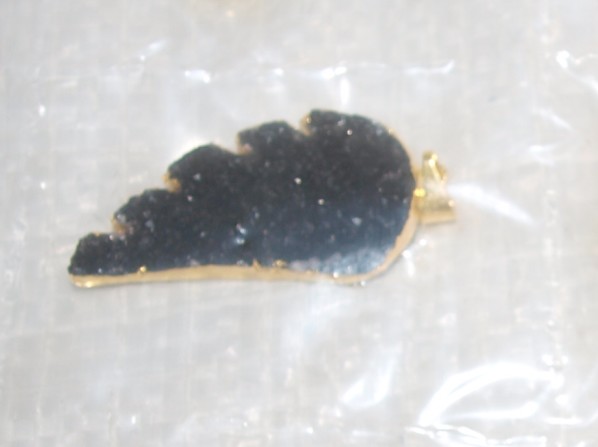 Stones from Uruguay - Natural Black Druzy Wing Pendant with Gold Plating (40mm)